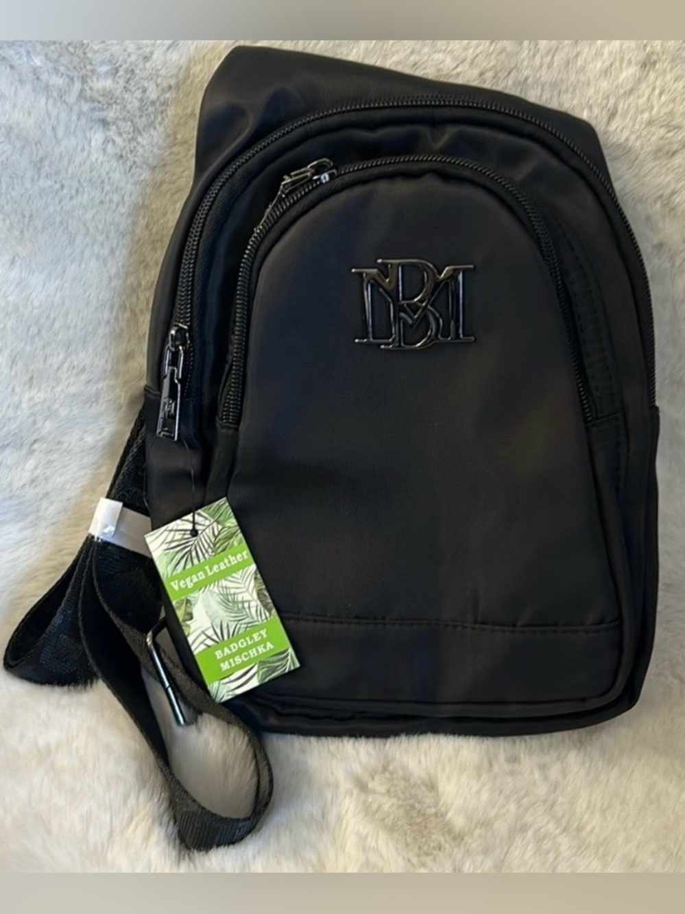 NWT Badgley Mischka Black Vegan Leather Sling Bag with Logo